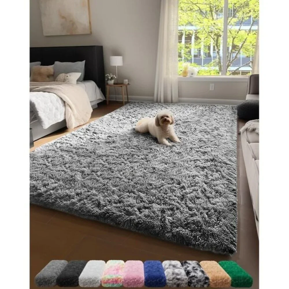 New 4x6 Grey Fluffy Rug, Soft Shaggy Non-Slip Carpet for Home & Bedroom Decor